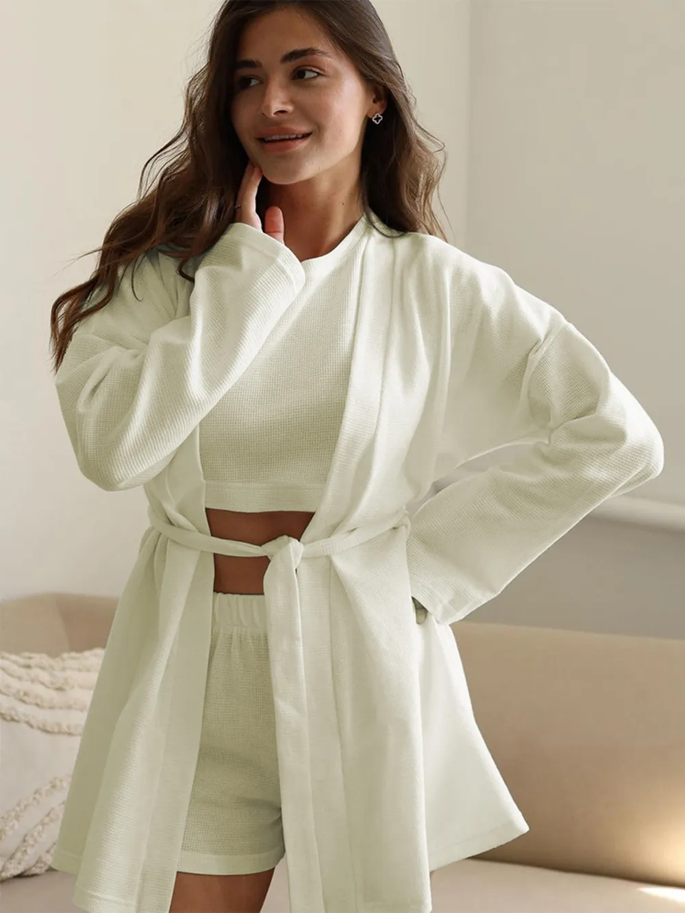 Waffle-Knit Round Neck T-Shirt, Open Front Cardigan and Shorts Set, image 5