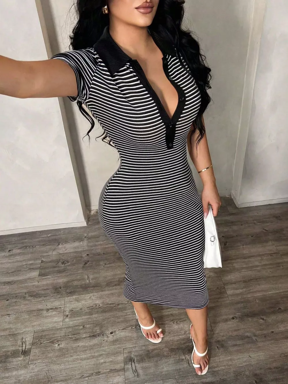 Striped Polo Collar Midi Dress, image 16