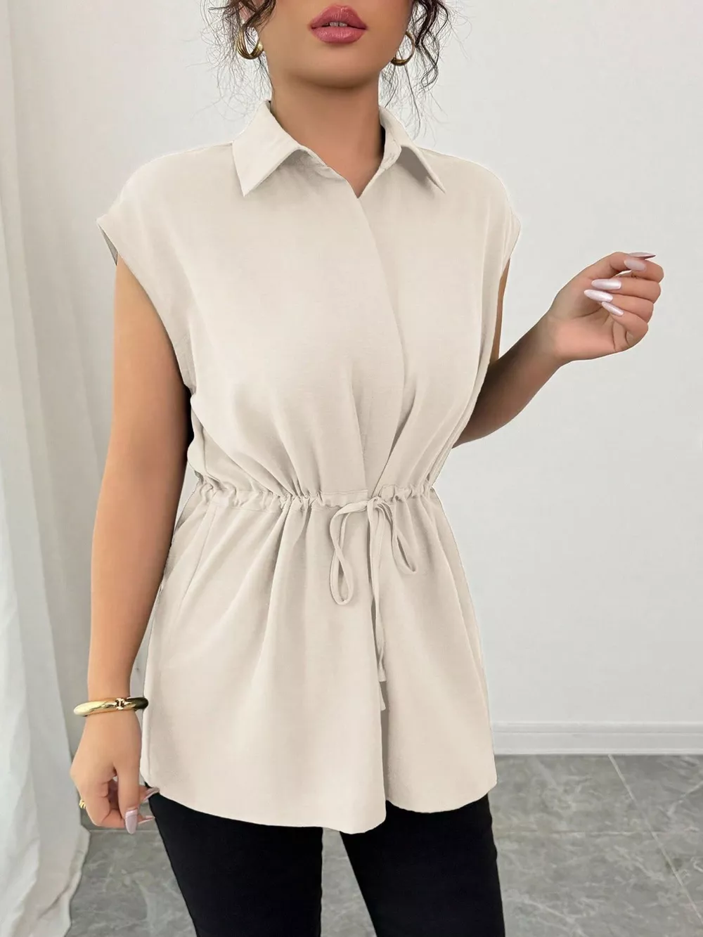 Drawstring Waist Cap Sleeve Shirt, image 27