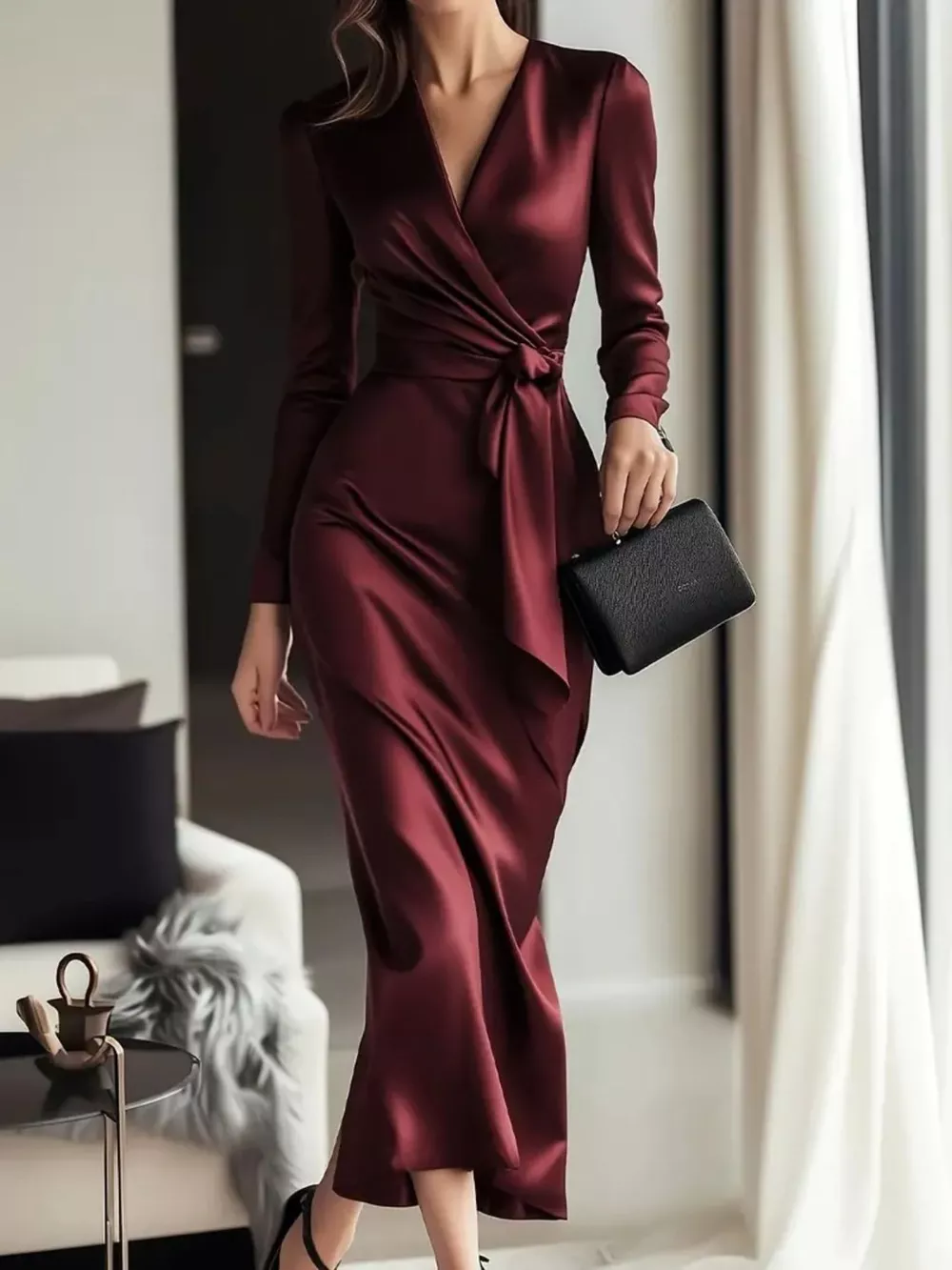 Satin Tie Waist Long Sleeve Dress, image 7