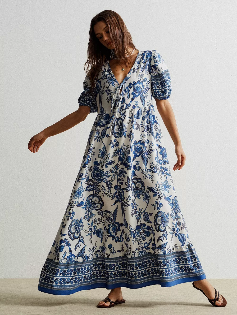 Floral Print Tie-Neck Puff Sleeve Maxi Dress, image 5
