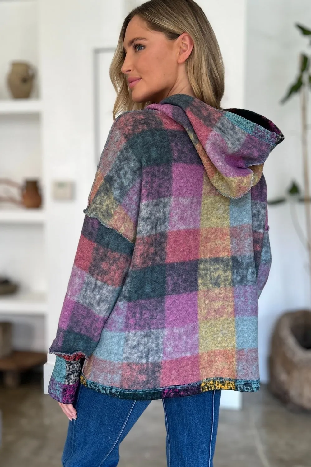 Full Size Plaid Dropped Shoulder Fleece Hoodie, image 21