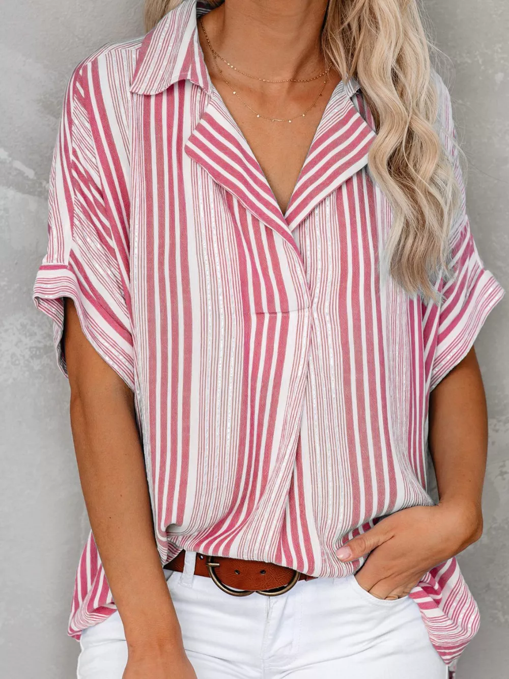 Full Size Collared Neck Half Sleeve Shirt Plus Size, image 13