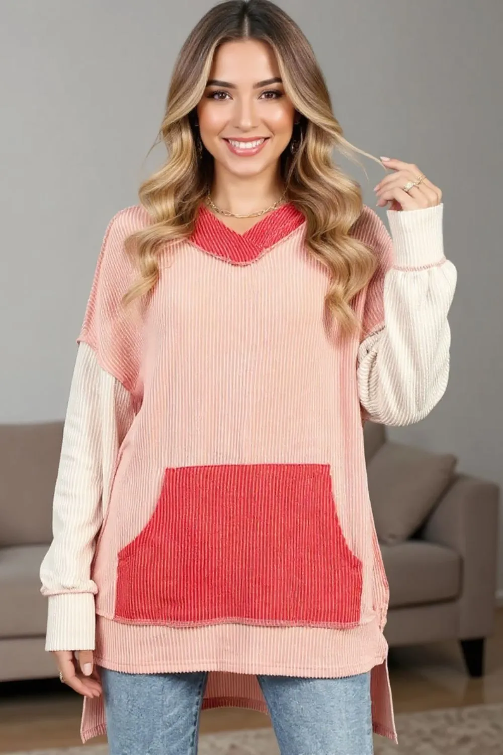 Contrast Hooded Long Sleeve Top, image 2