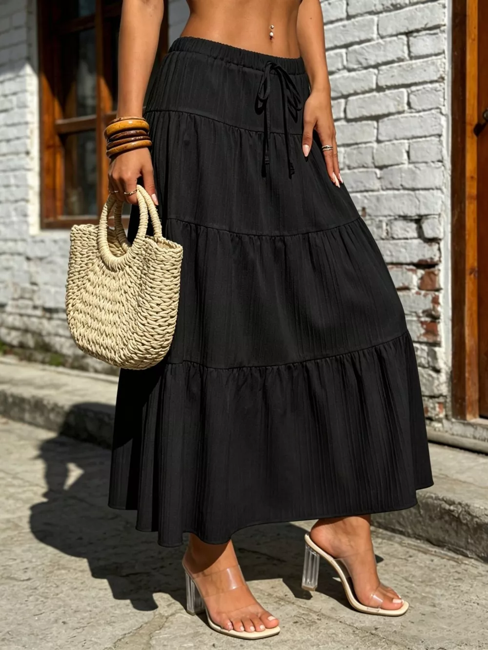 Tiered Maxi Skirt with Drawstring Waist, image 3