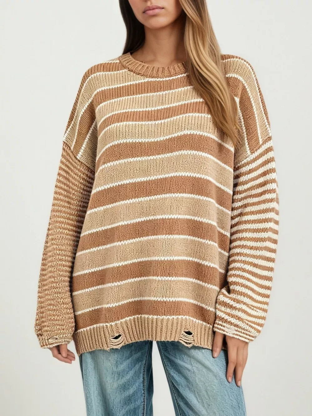 Oversized Striped Distressed Sweater, image 4
