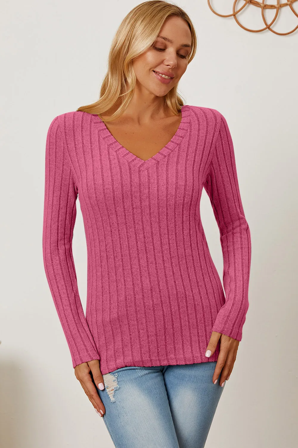 Full Size Ribbed V-Neck Long Sleeve T-Shirt, image 26