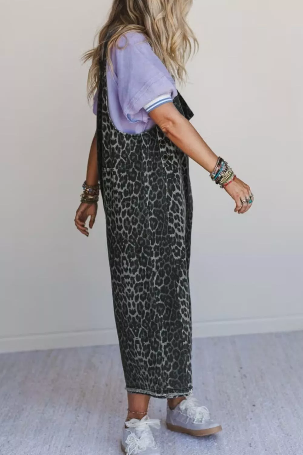 Leopard Print Button Adjustable Straps Cropped Loose Denim Overalls, image 10