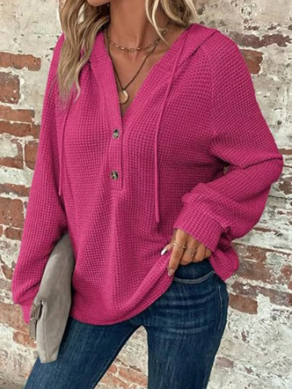 Full Size Button Detail Waffle Knit Hoodie Plus Size, image 24