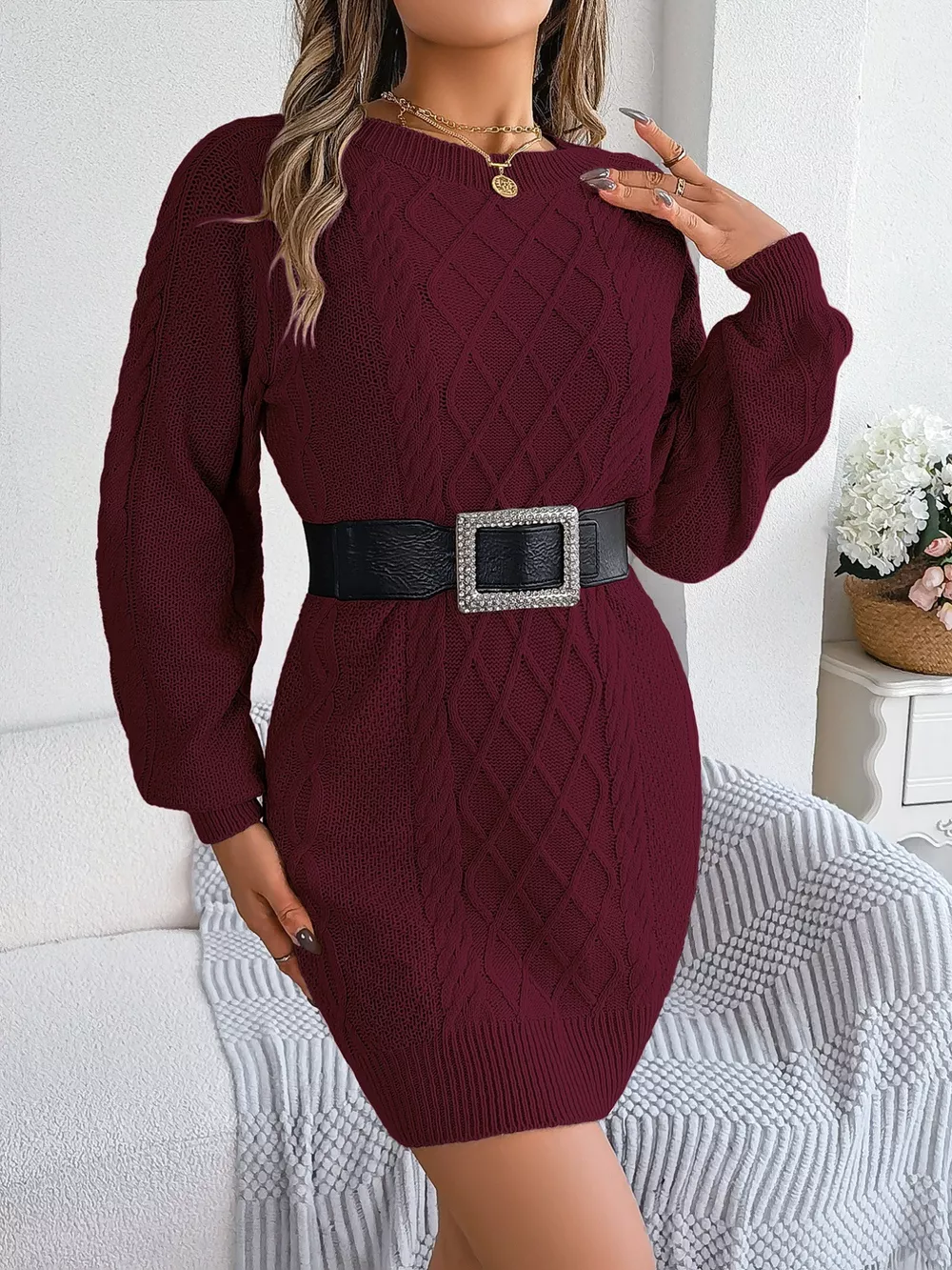 Diamond Cable Knit Sweater Dress with Long Sleeves, image 13