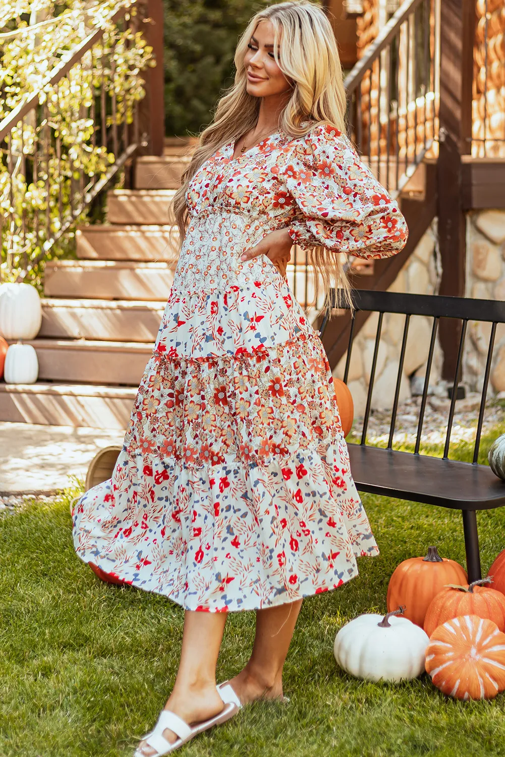Full Size Printed V-Neck Lantern Sleeve Midi Dress, image 3