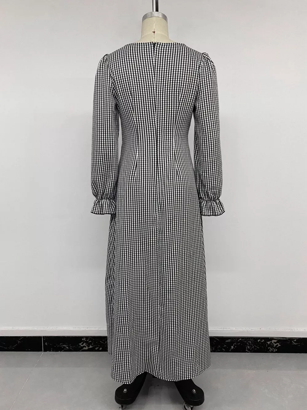 Gingham Lace-Trim V-Neck Long Sleeve A-Line Maxi Dress, image 14