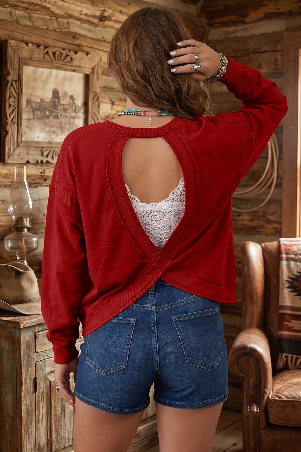 Ribbed Detail Drop Shoulder Cutout Back Sweatshirt, image 5