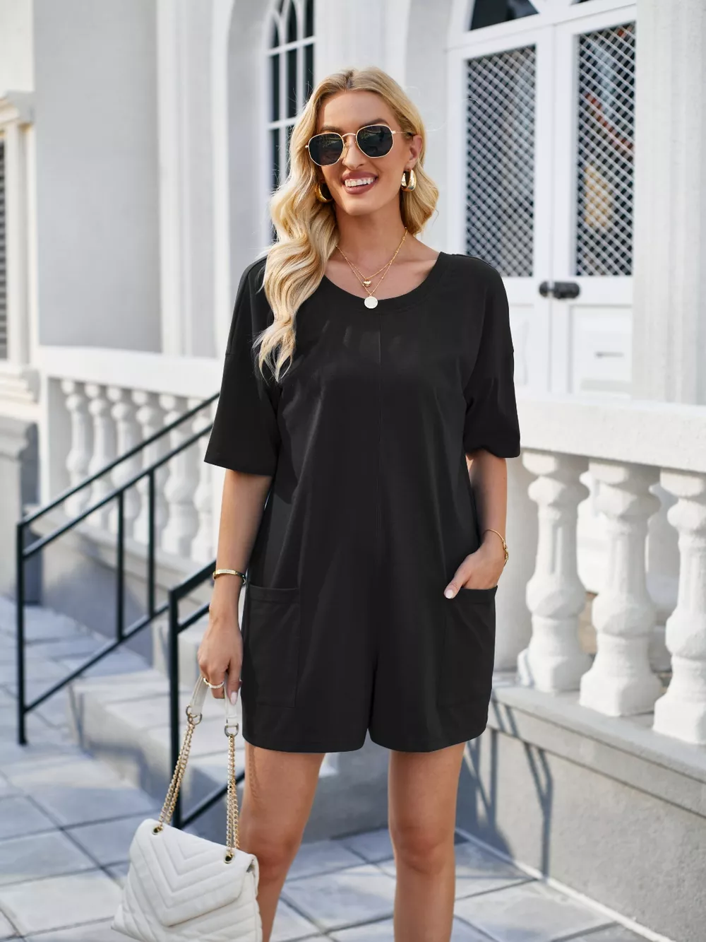 Backless Pocketed Round Neck Half Sleeve Romper, image 7