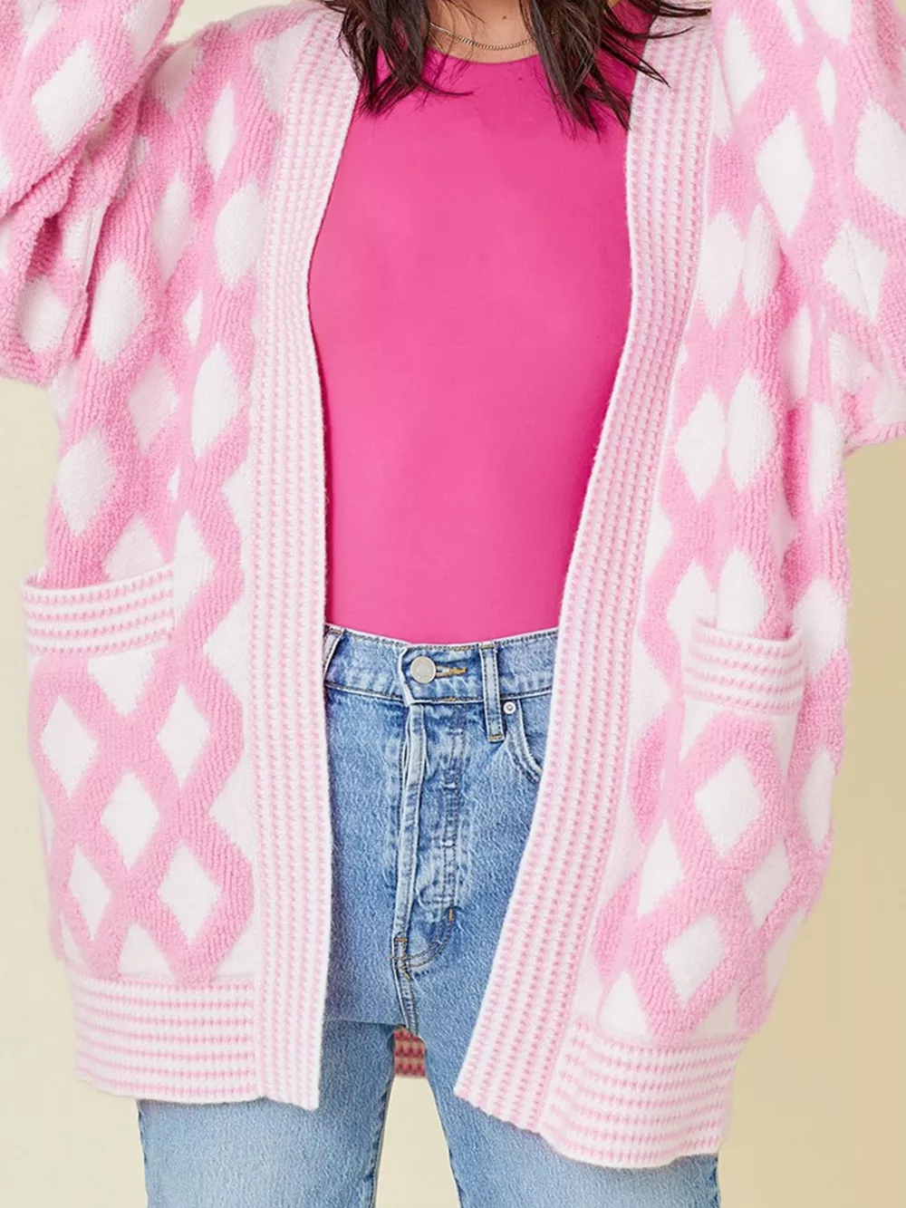 Rhombus Pattern Knit Open Front Pocketed Cardigans, image 4