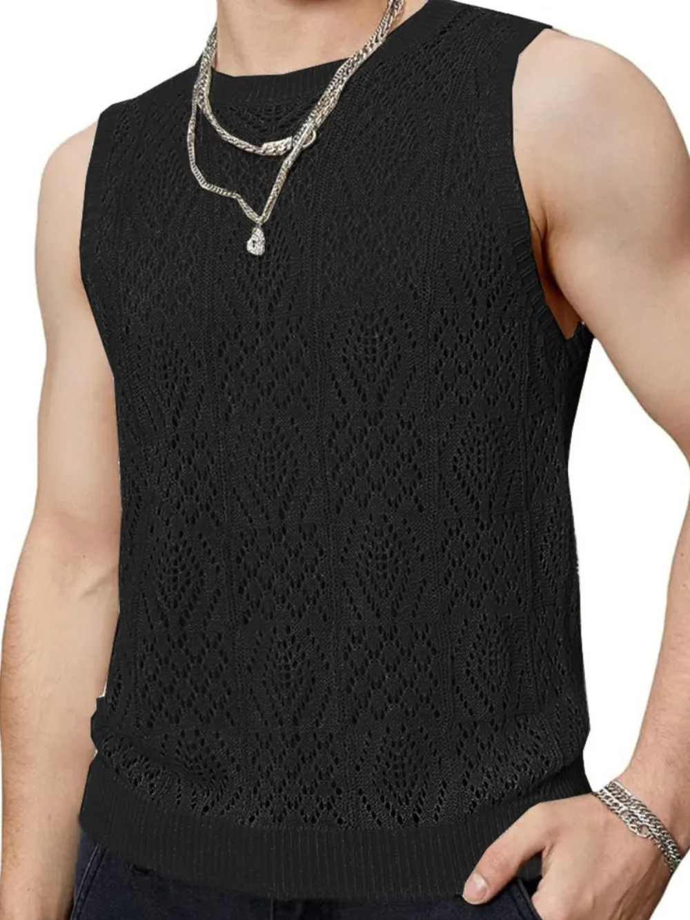 Men's Openwork Round Neck Tank, image 6
