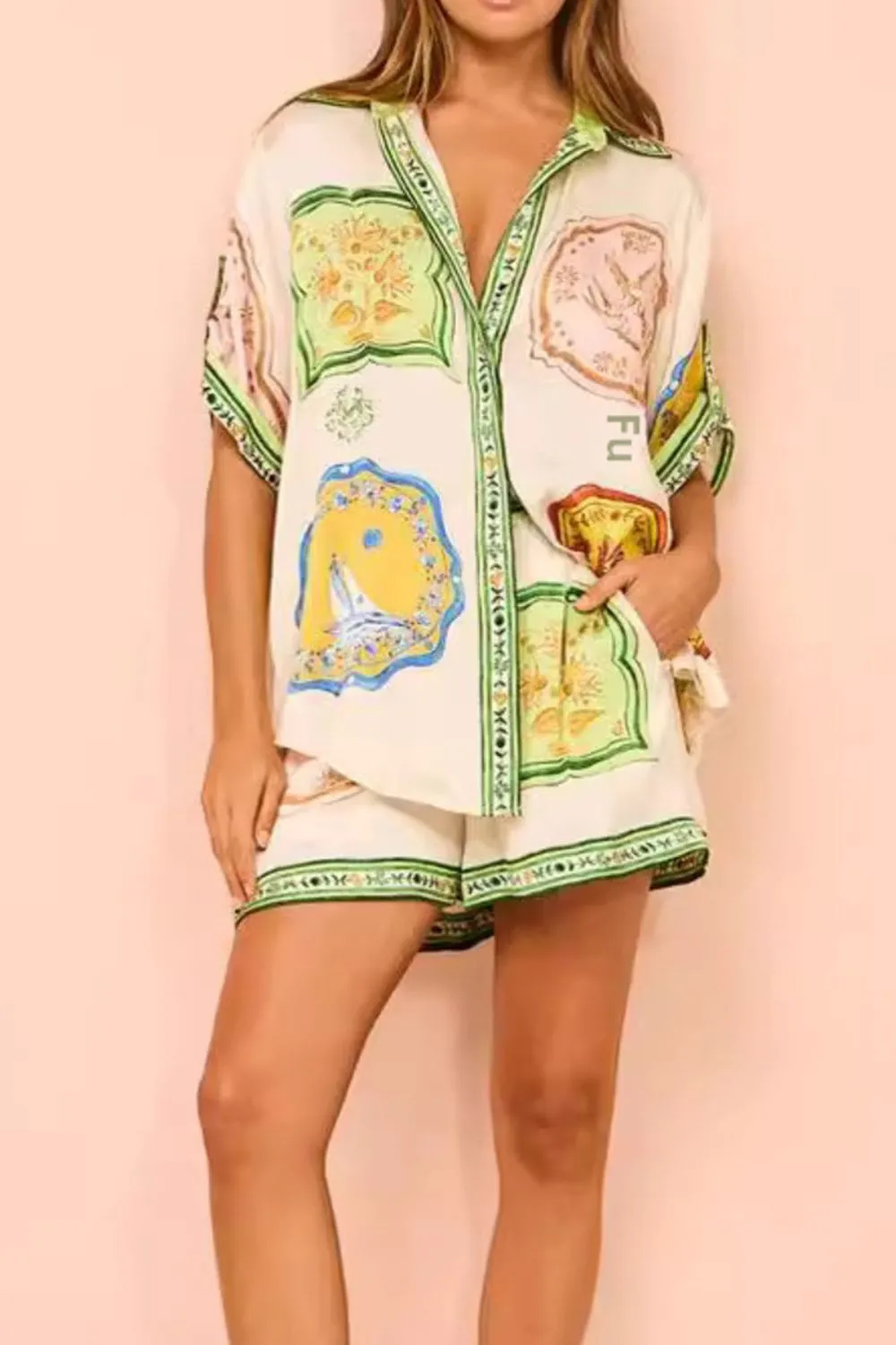 Printed Short Sleeve Button Down Top and Shorts Set, image 5