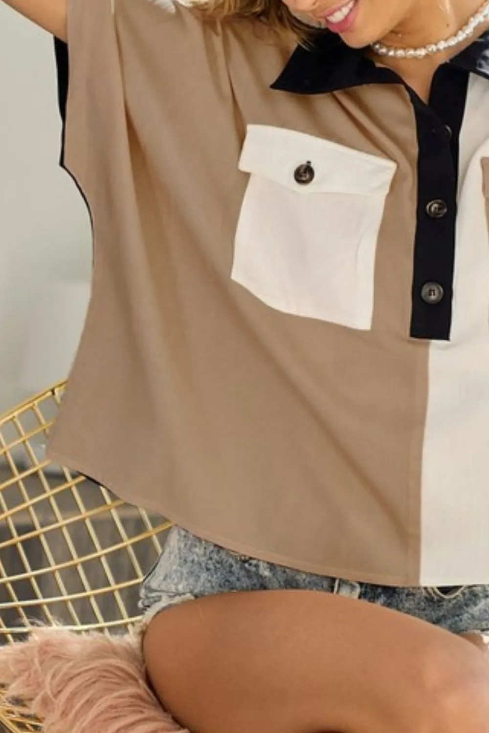 Color Block Quarter Neck Short Dolan Sleeve Top, image 2