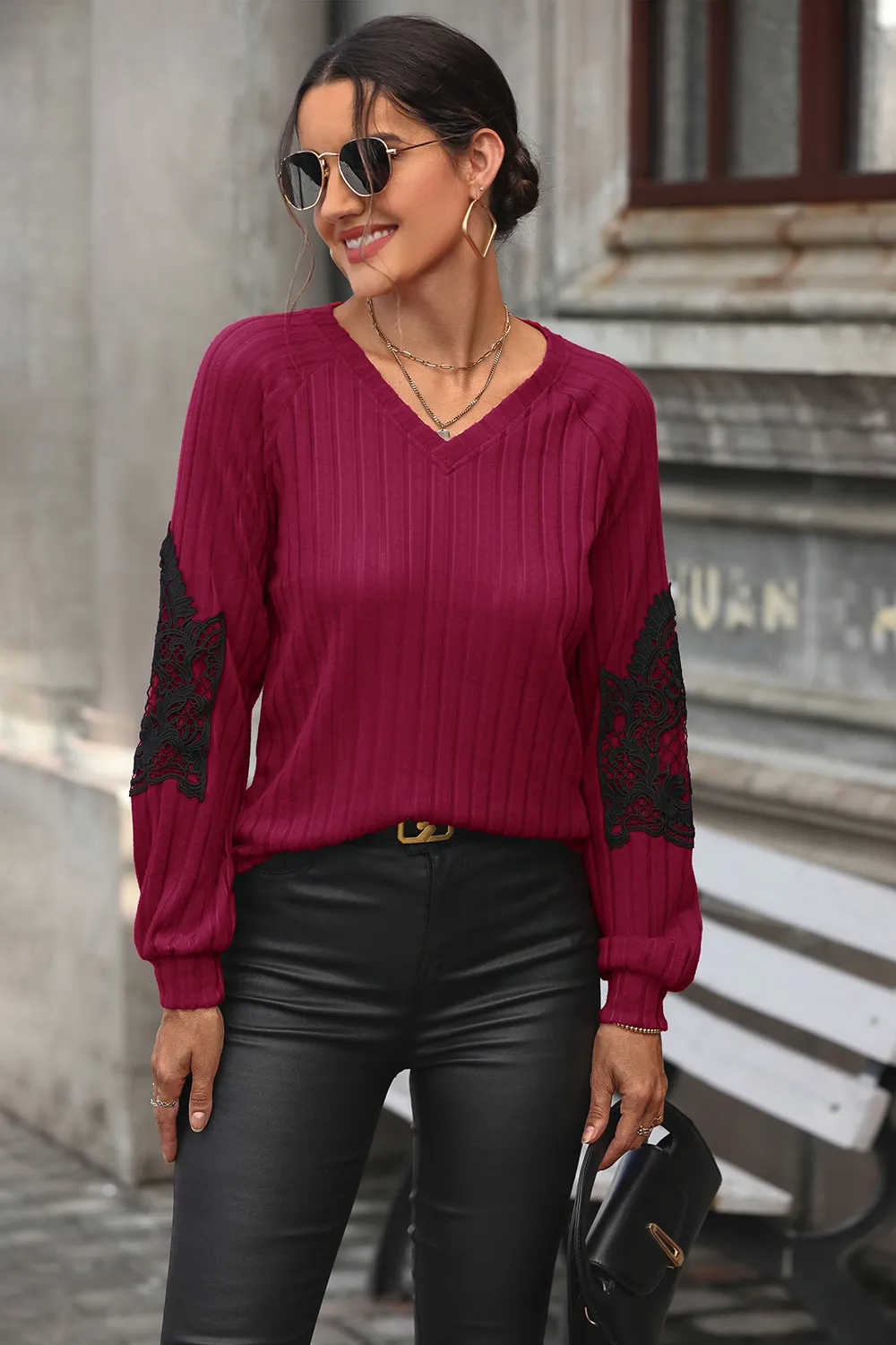 Ribbed Lace Detail V-Neck Sweater, image 3