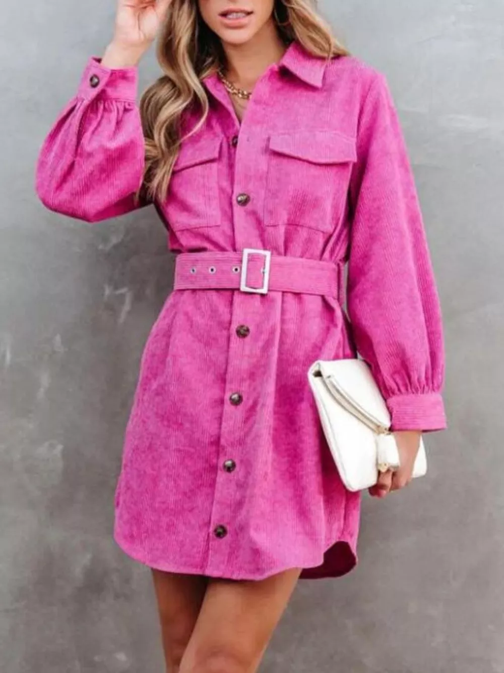 Button Front Belt Long Sleeve Corduroy Dress, image 4