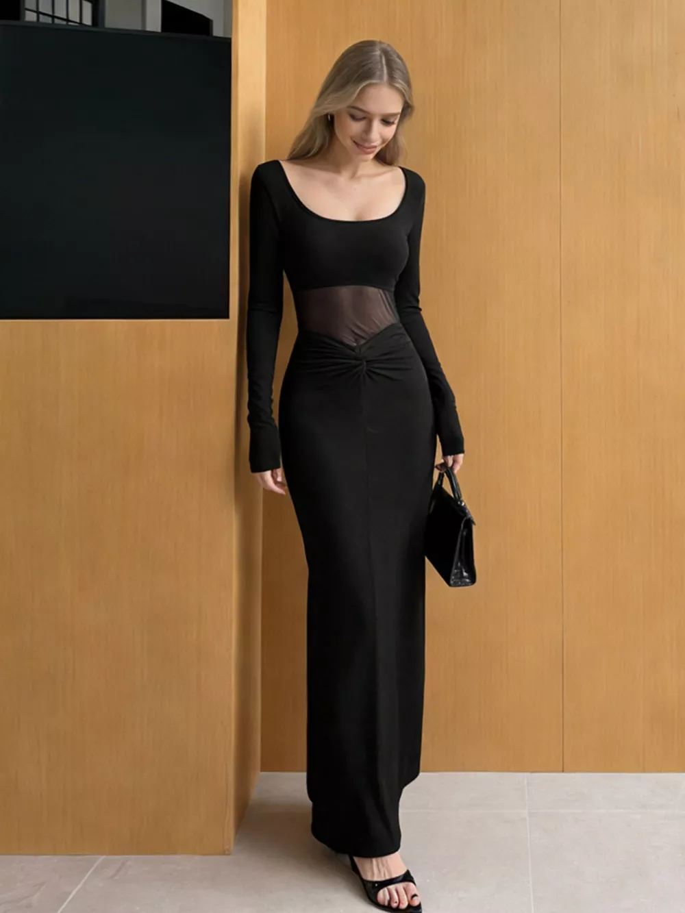 Sheer Mesh Panel Long Sleeve Maxi Dress