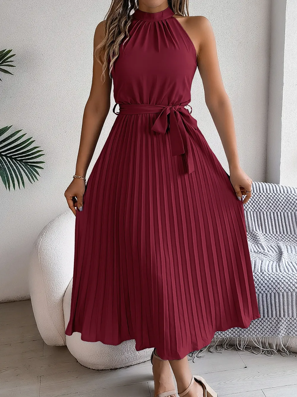 Pleated Tie Waist Sleeveless Midi Dress, image 17