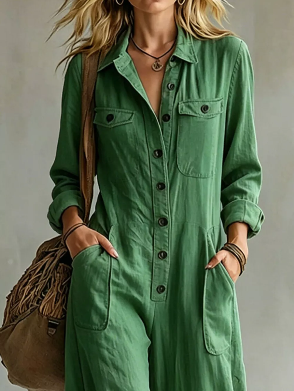 Full Size Long Sleeve Button Front Jumpsuit Plus Size, image 3