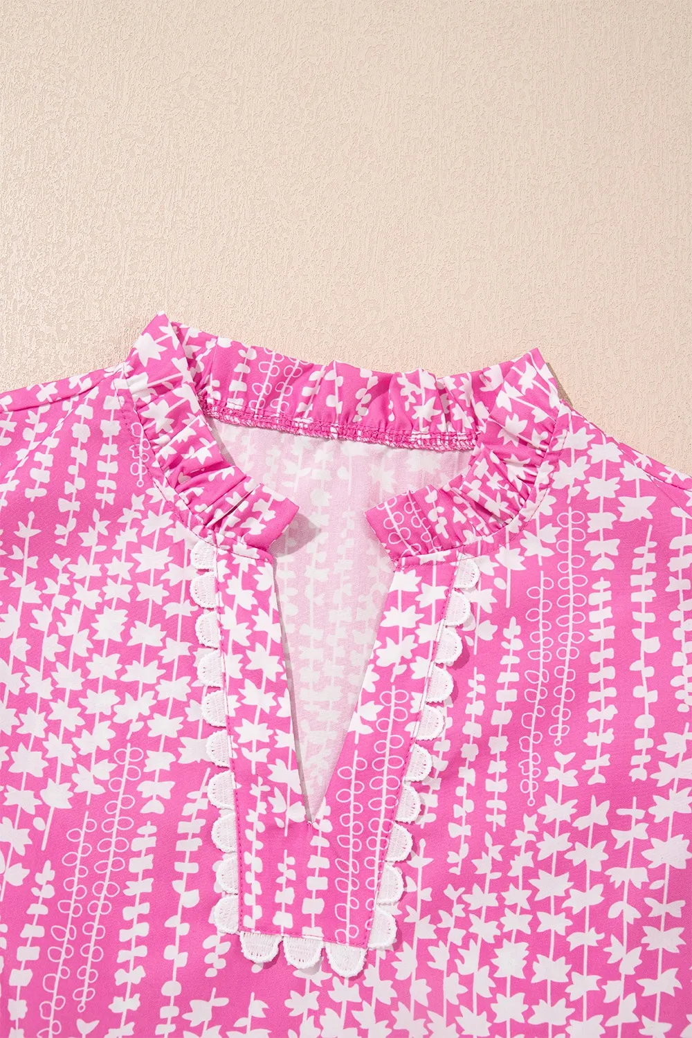 Abstract Print Ric Rac Trim Flutter Sleeve Notched Blouse, image 9