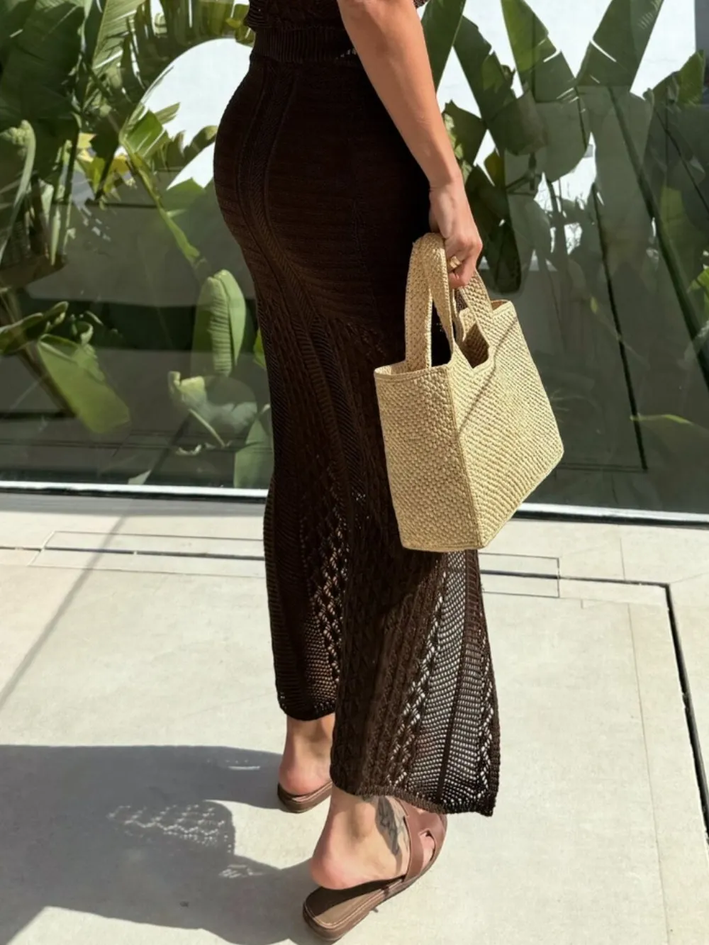 Openwork Round Neck Top and Slit Skirt Sweater Set, image 18