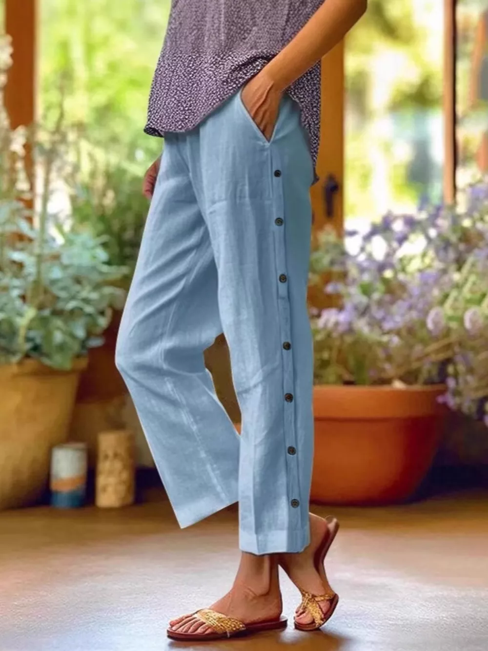 Full Size Side Button Decor Pants Plus Size, image 9