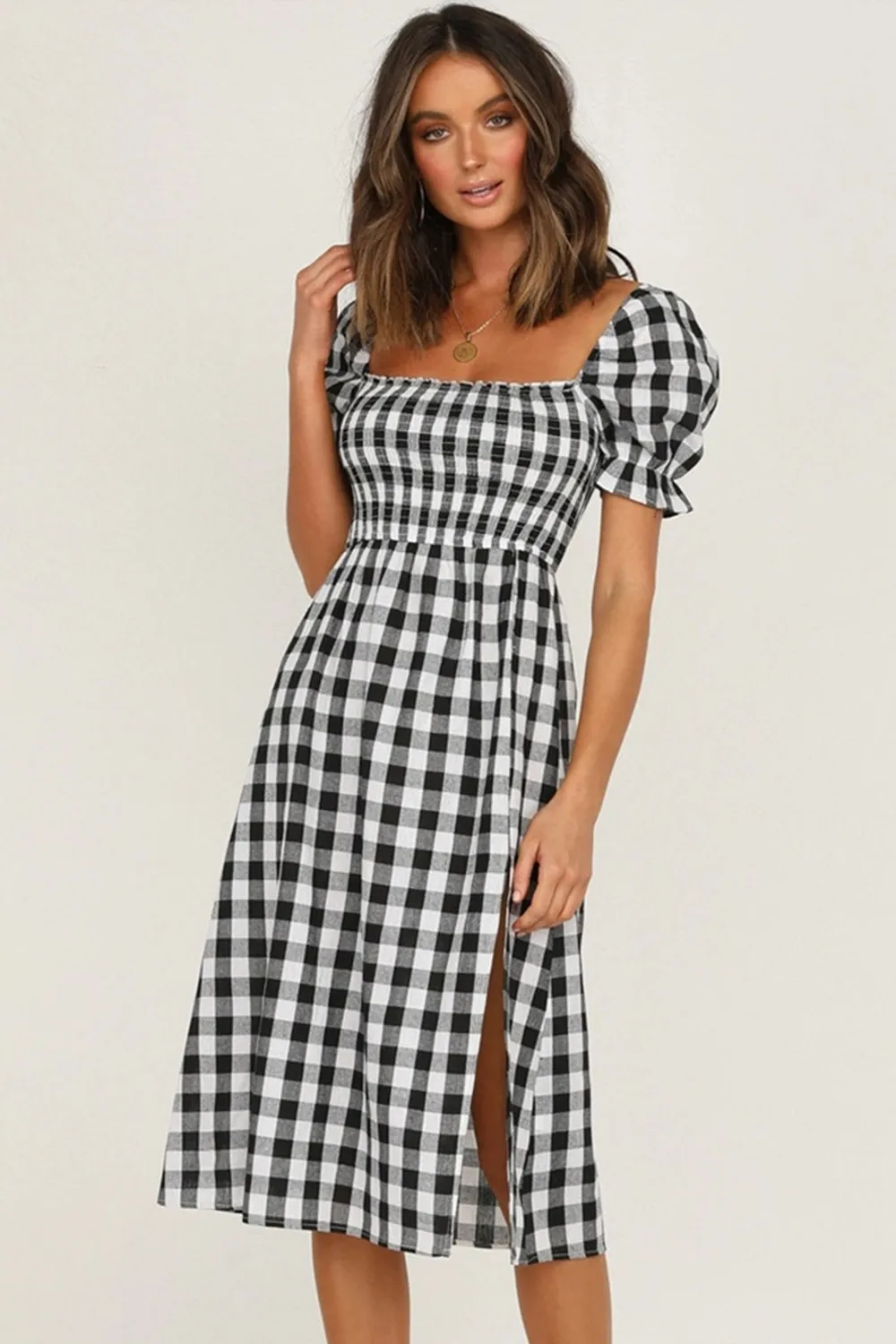 Full Size Slit Plaid Short Sleeve Midi Dress, image 5