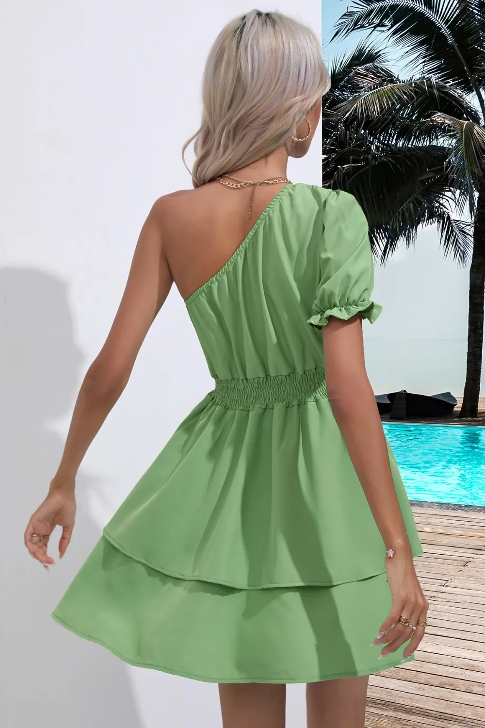 Layered Single Shoulder Flounce Sleeve Mini Dress, image 5