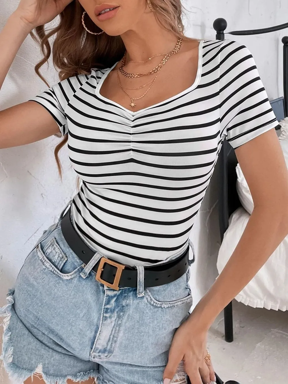 Striped V-Neck Short Sleeve T-Shirt, image 5
