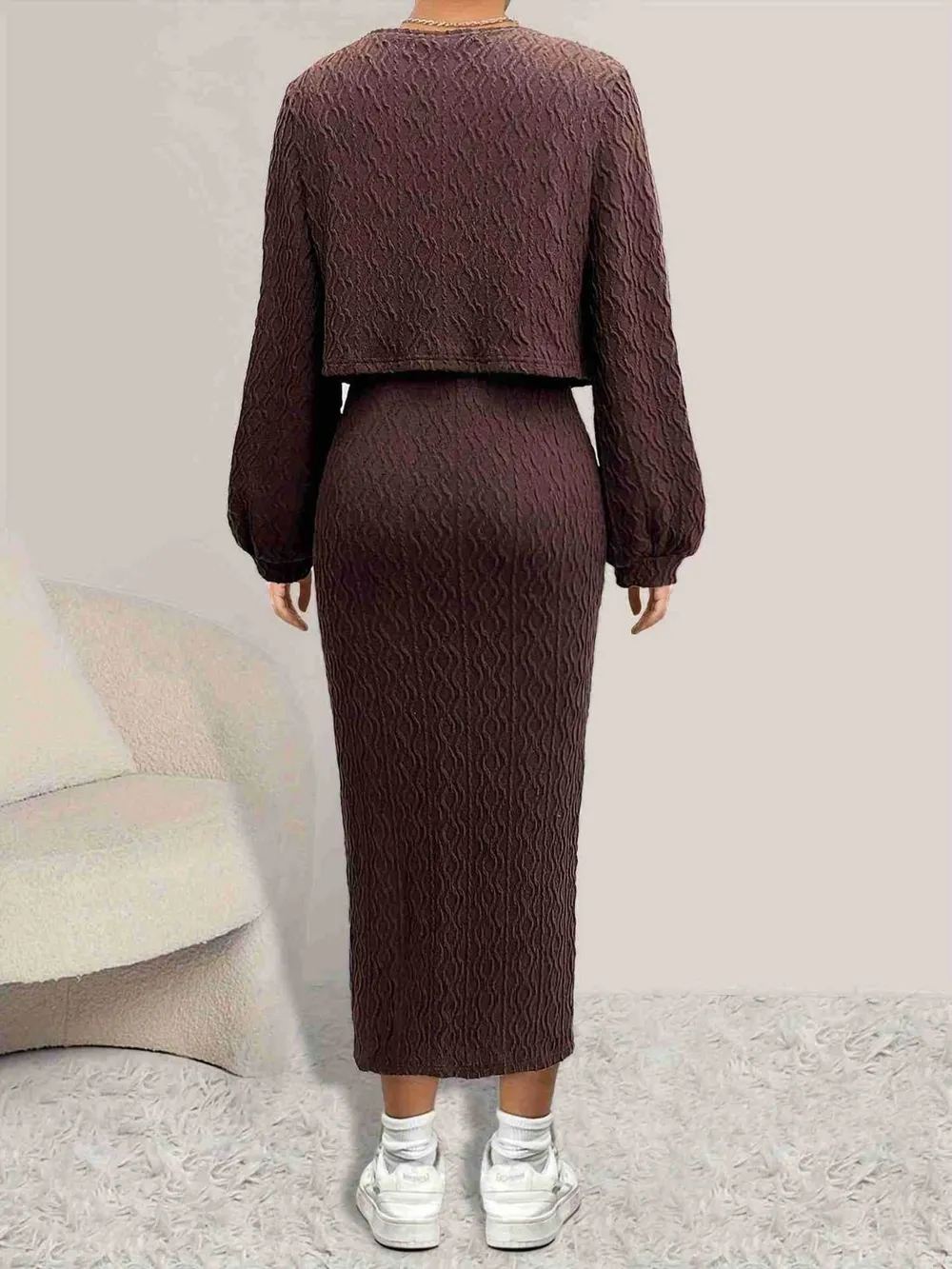 Open Front Long Sleeve Cardigan and Side Slit Cami Dress Set, image 2