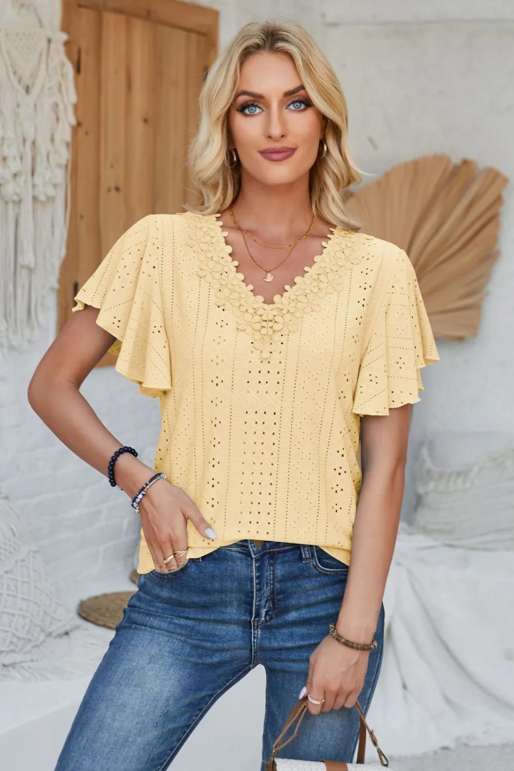 Eyelet Applique V-Neck Cap Sleeve T-Shirt, image 19