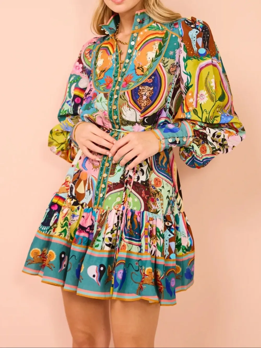 Printed Long Sleeve Mini Dress with Belt, image 6