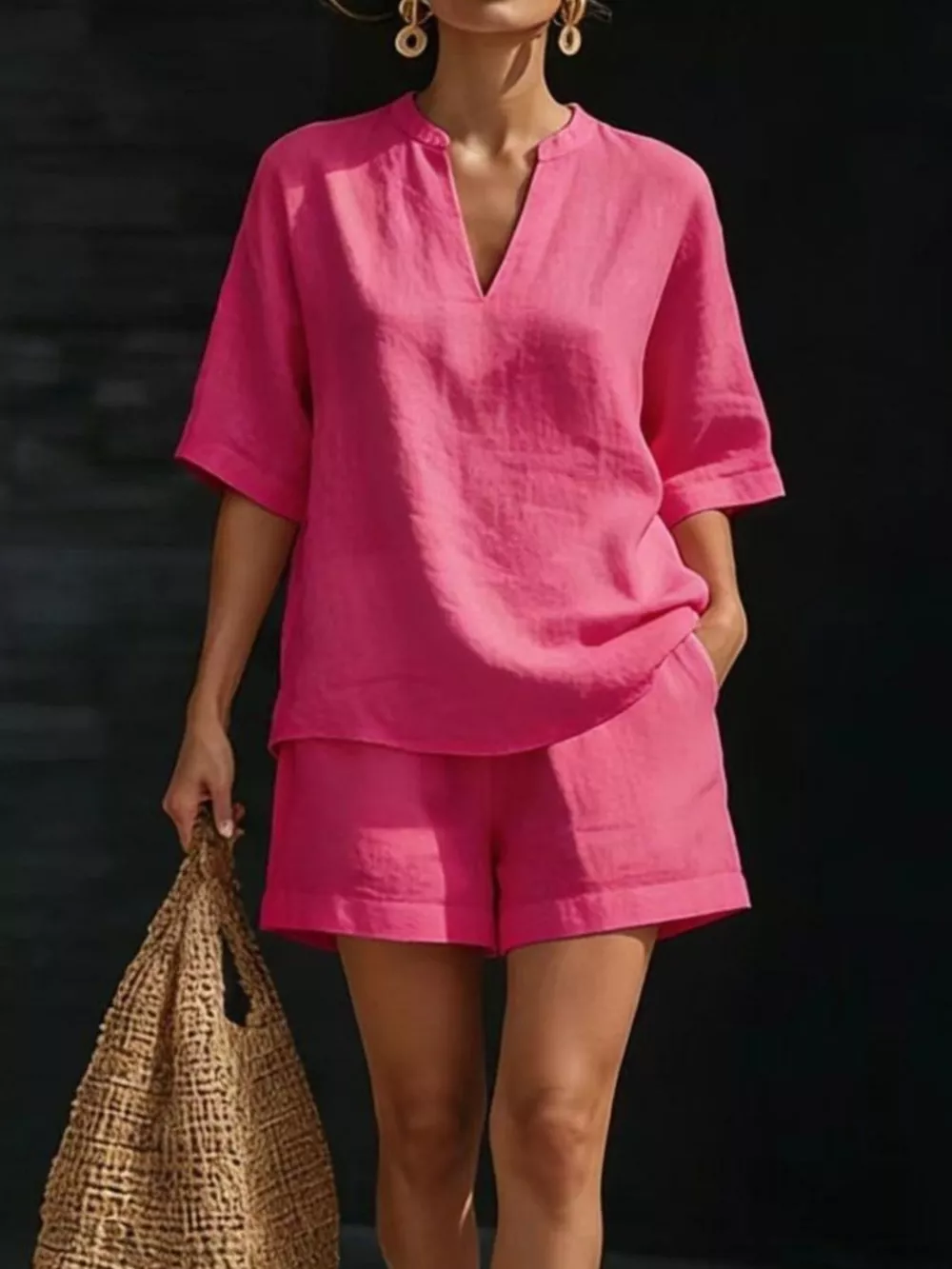 Full Size Notched Half Sleeve Top and Shorts Set Plus Size, image 4