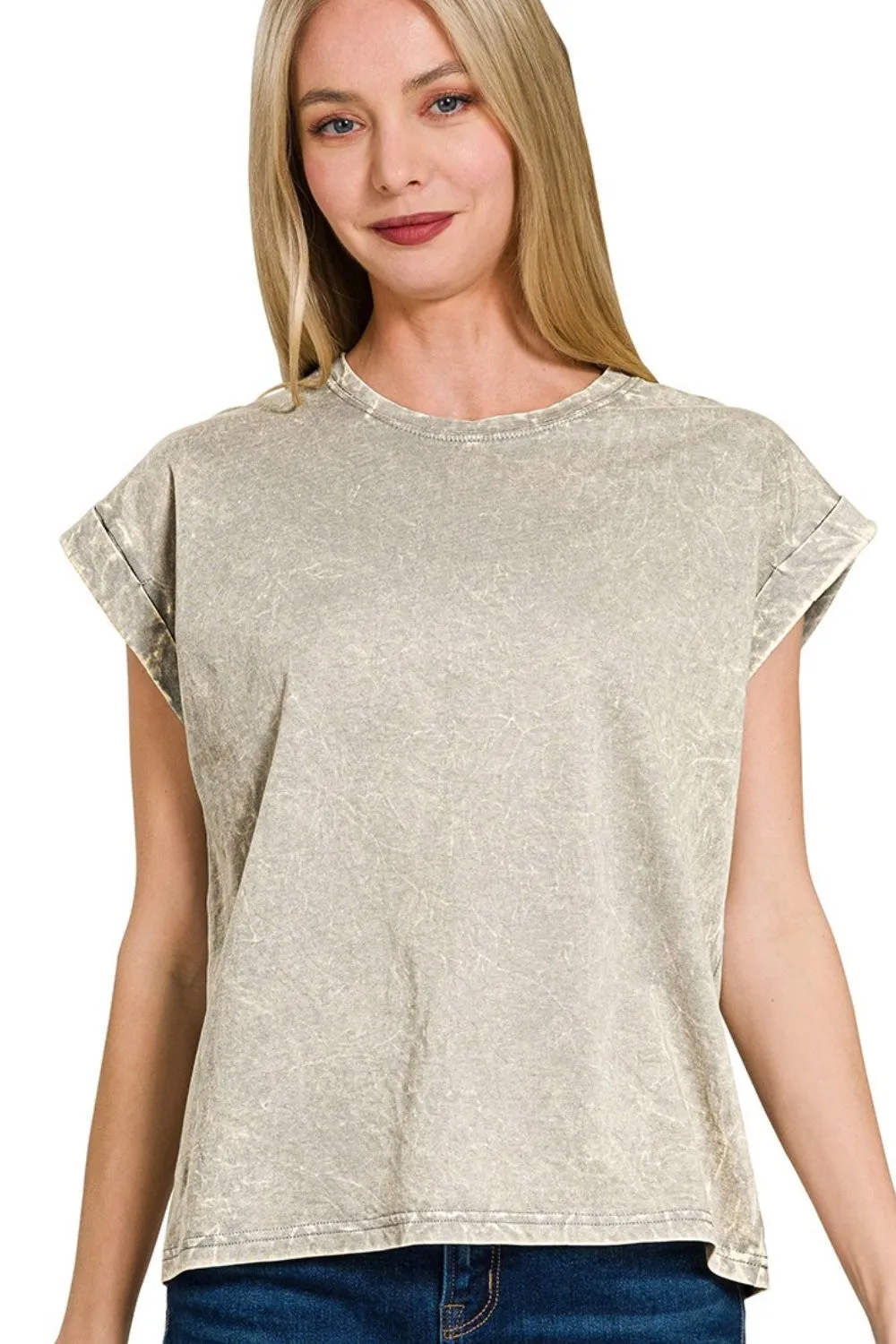 Crinkle Washed Round Neck Folded Short Sleeve Tee