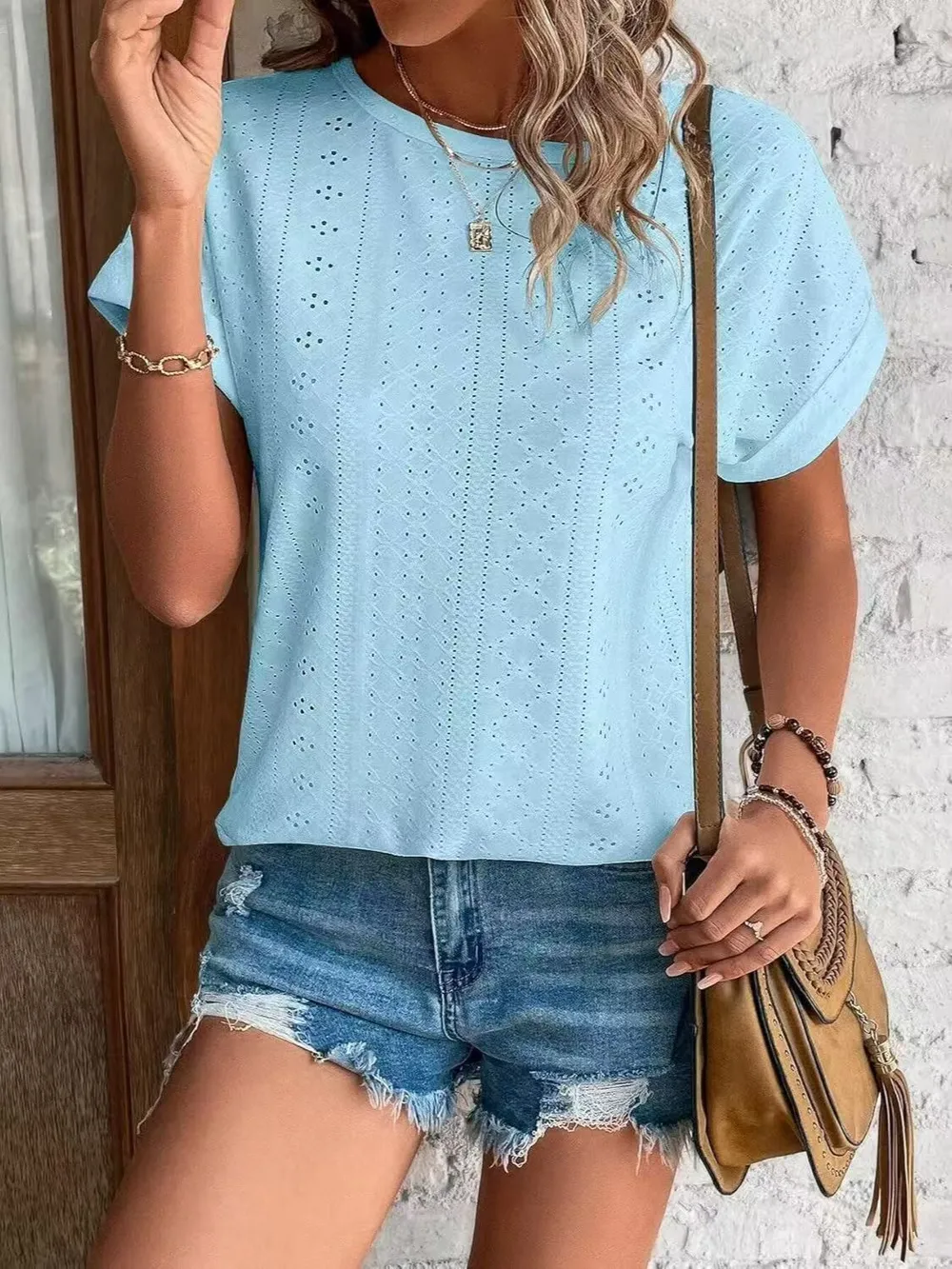 Eyelet Round Neck Short Sleeve Top, image 2