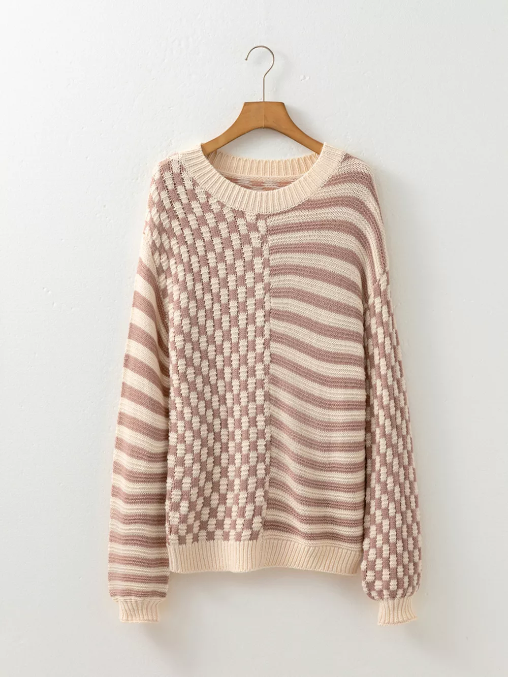 Checkerboard & Striped Pattern Knit Sweater, image 3