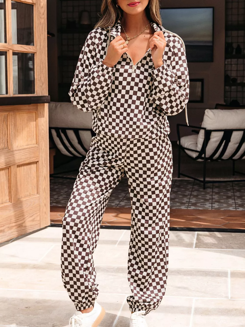 Checkered Drawstring Hoodie and Pants Set, image 5