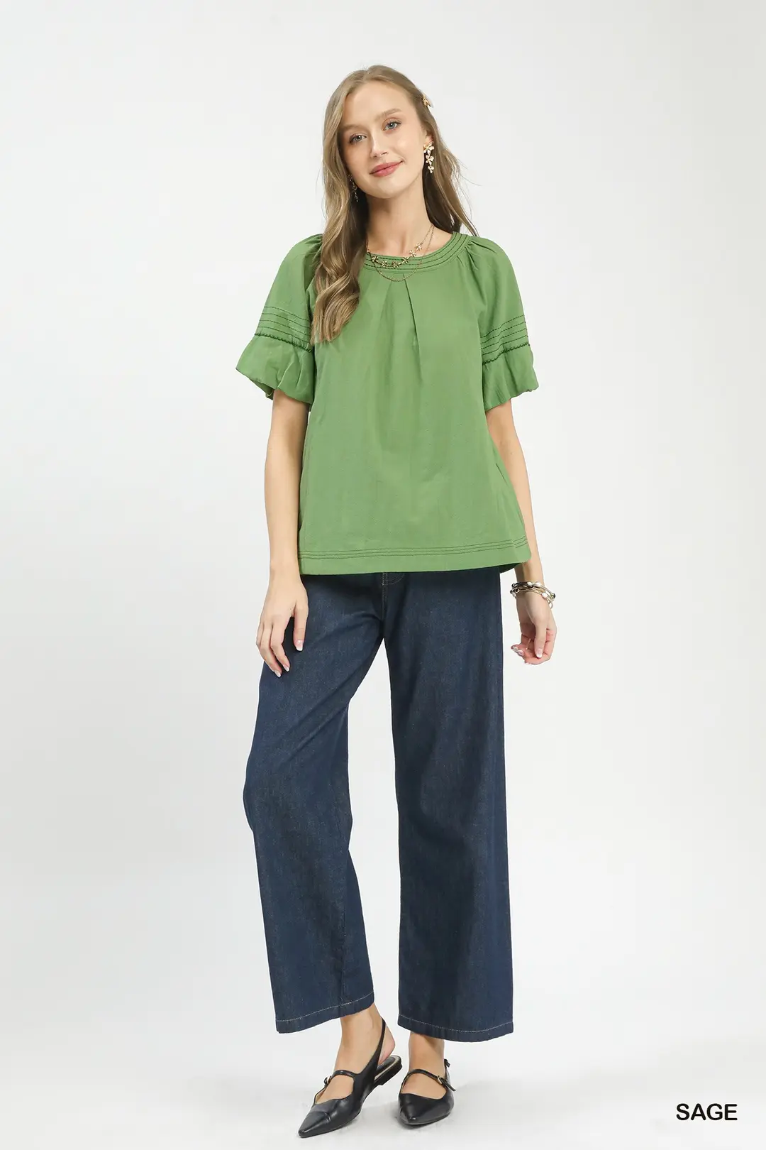 Round Neck Puff Sleeve Top with Contrast Stitch Detail, image 4