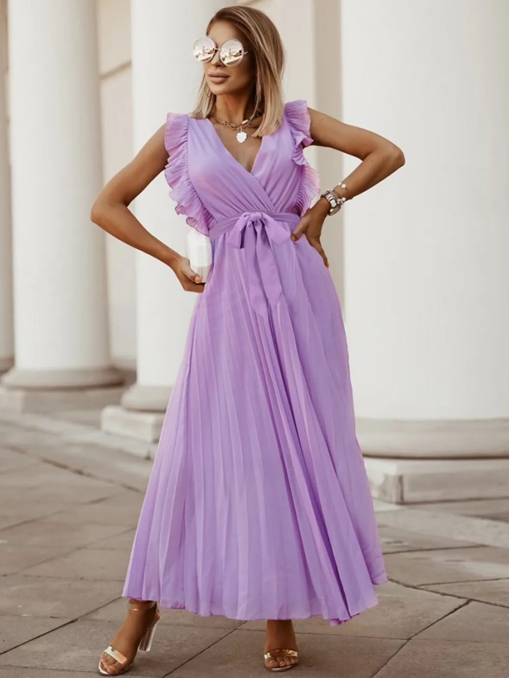 Tied Surplice Cap Sleeve Pleated Dress, image 30