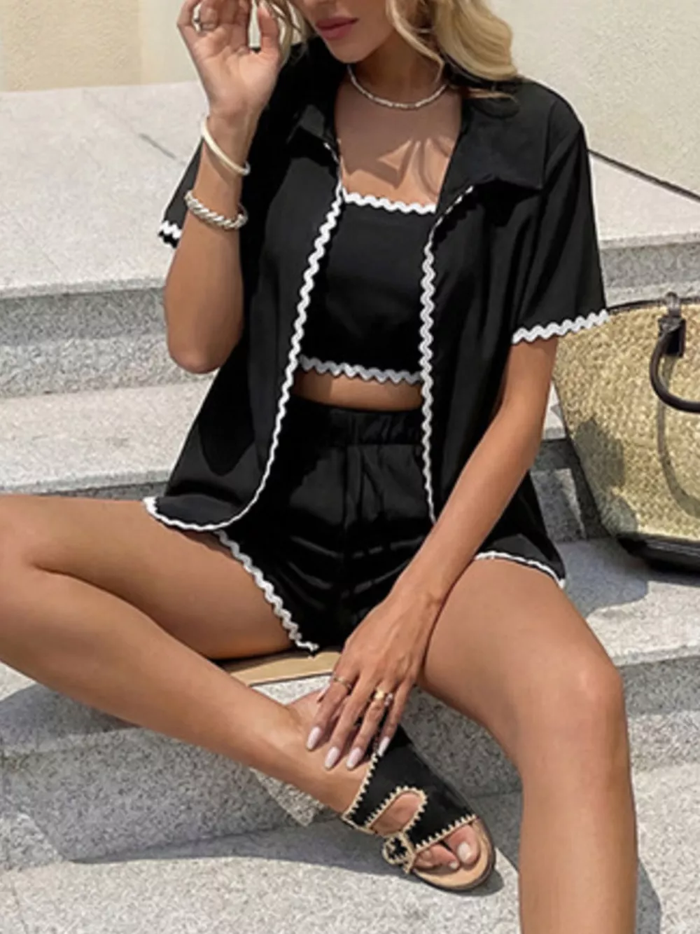 Scalloped Trim Cami & Cardigan & Shorts Set, image 5