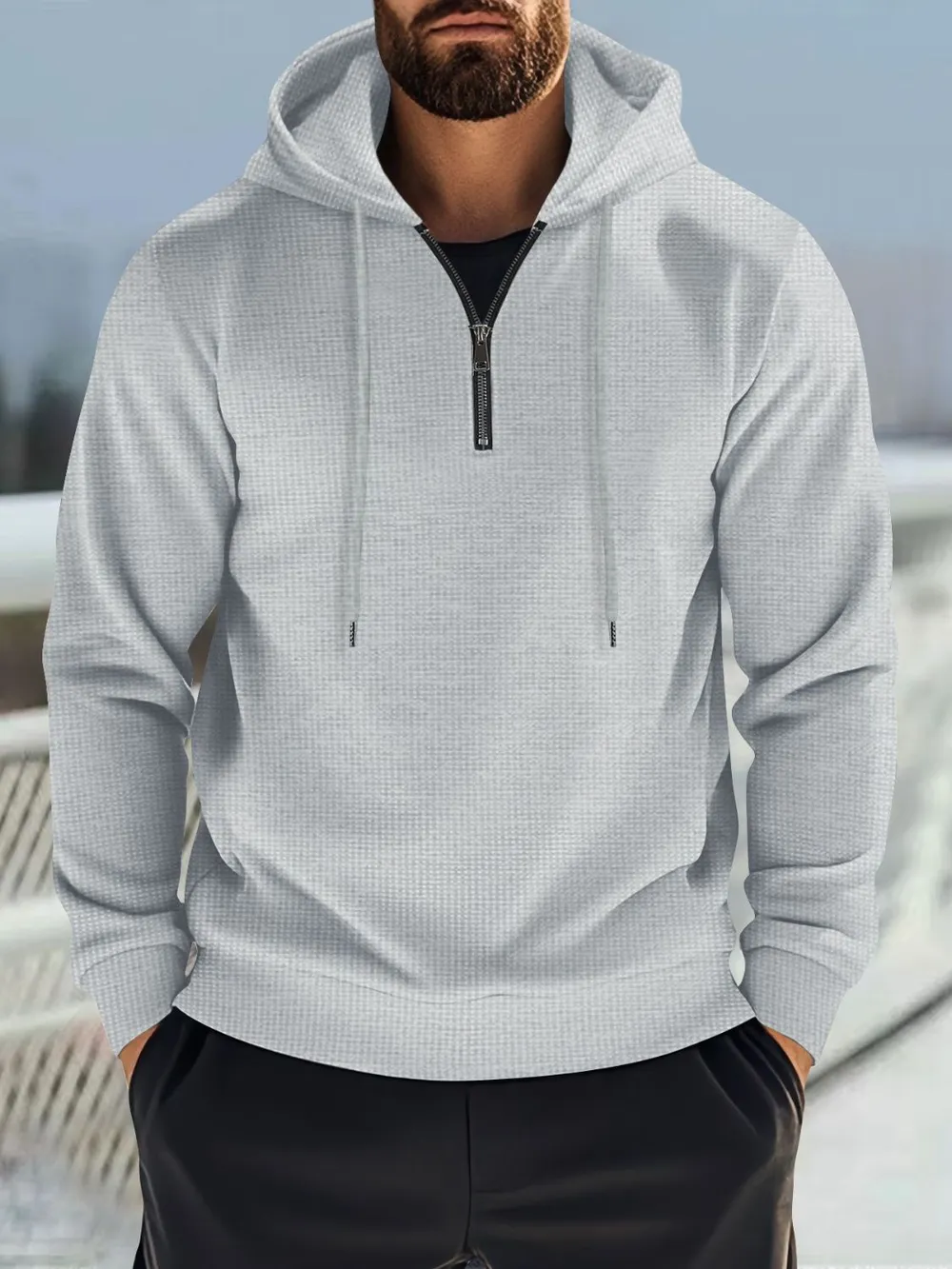 Men's Full Size Quarter Zip Long Sleeve Drawstring Hoodie Plus Size, image 2