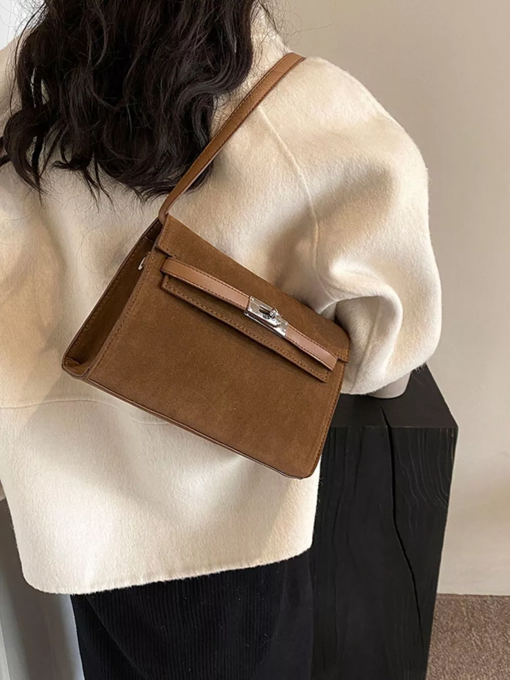 Solid Color Buckle Shoulder Bag, image 9