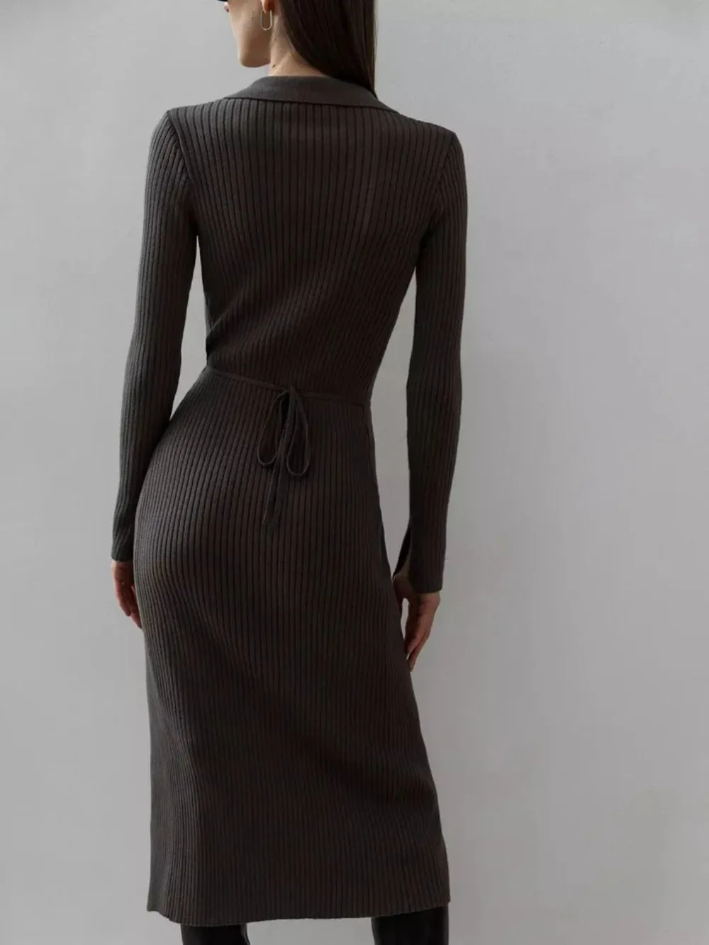 Tied Collared Neck Long Sleeve Sweater Dress, image 6