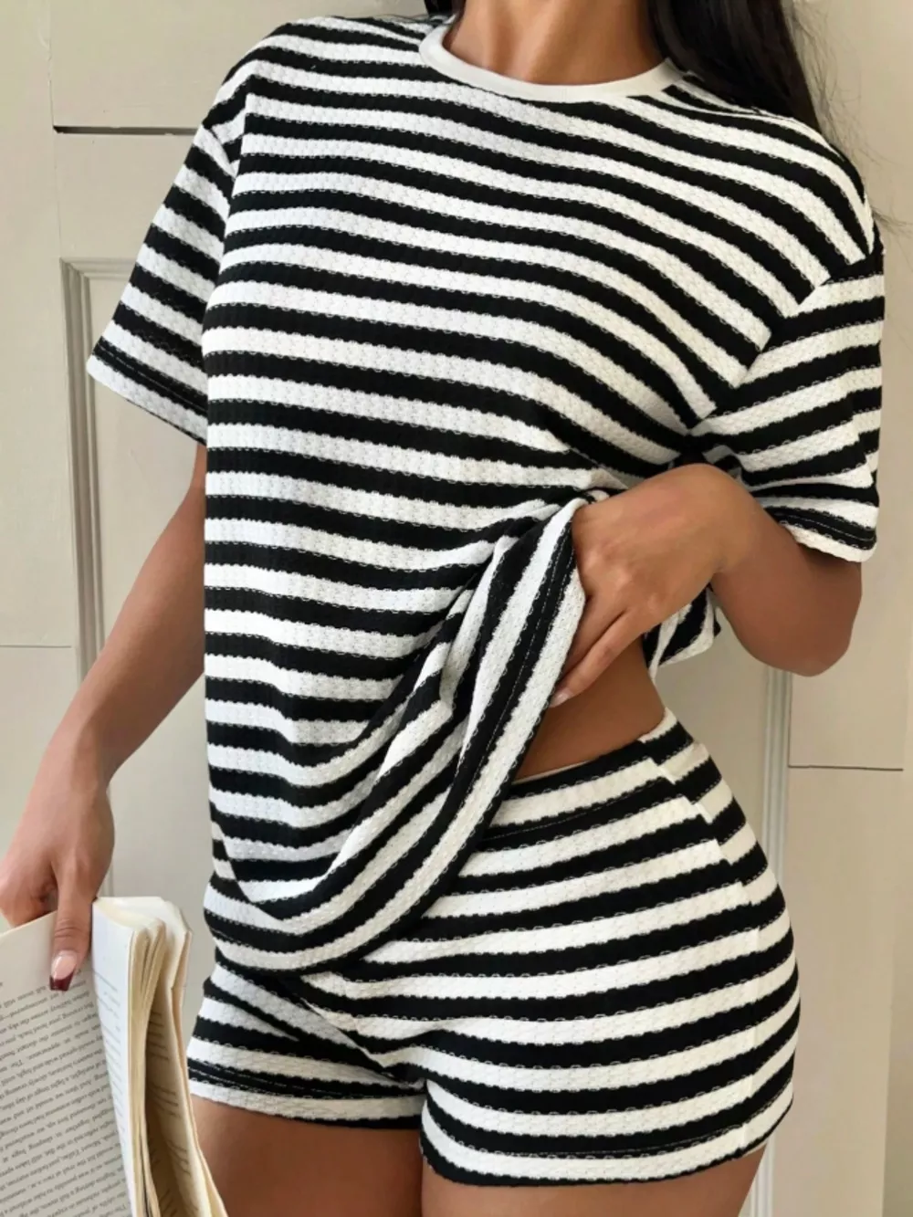 Striped Round Neck Top and Shorts Set, image 8