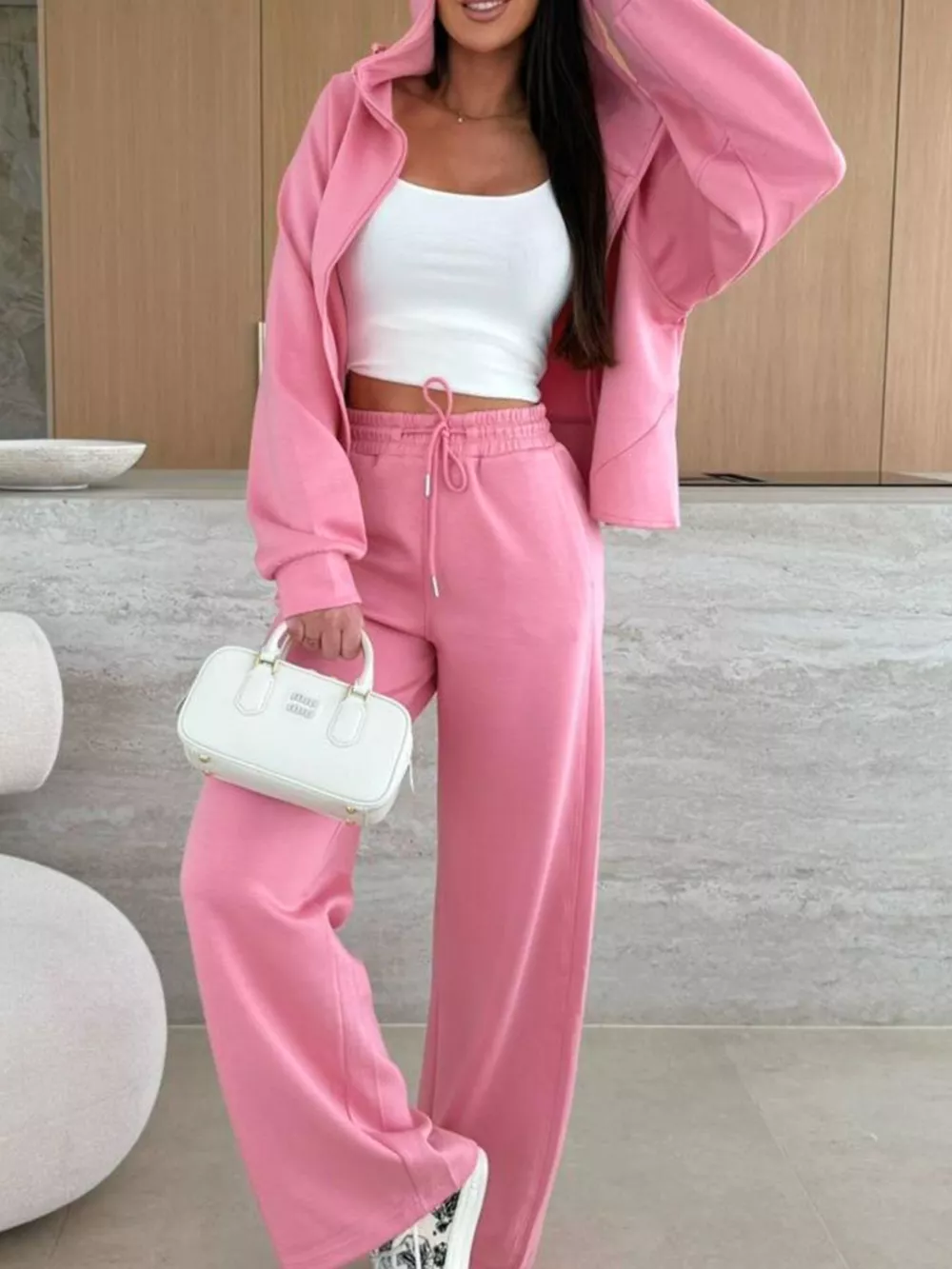 Solid Color Zip Up Hoodie Drawstring Loose Pants Set