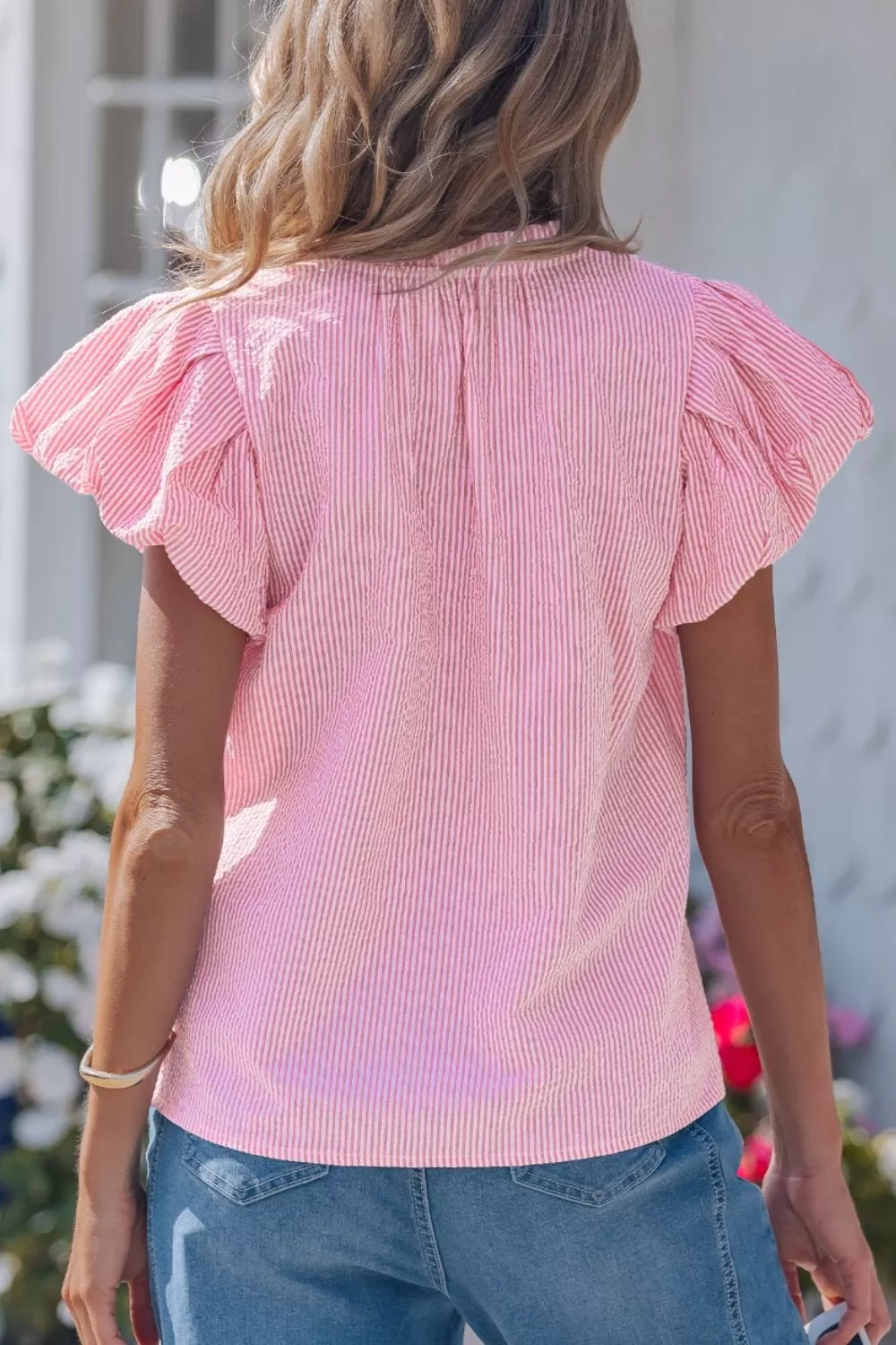 Stripe Short Bubble Sleeve Split V Neck Blouse, image 2